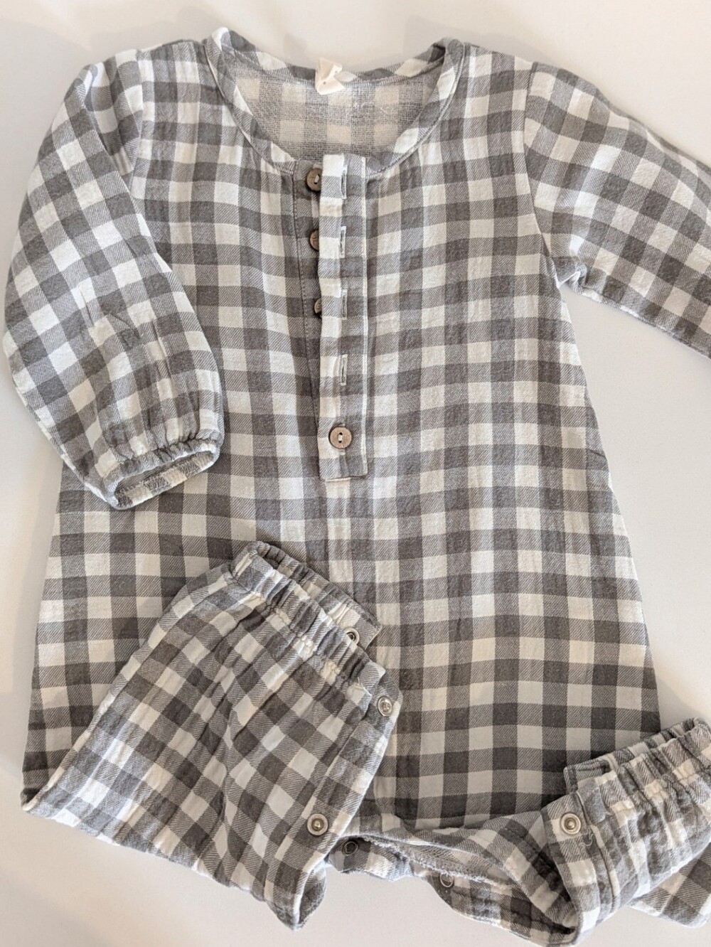 Classic Grey Green Check 6-12m Button-Up Romper rylee Cru